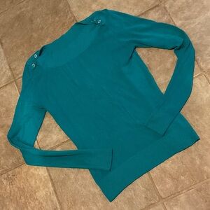 Chic Teal Cowl Neck Sweater with cute button accents